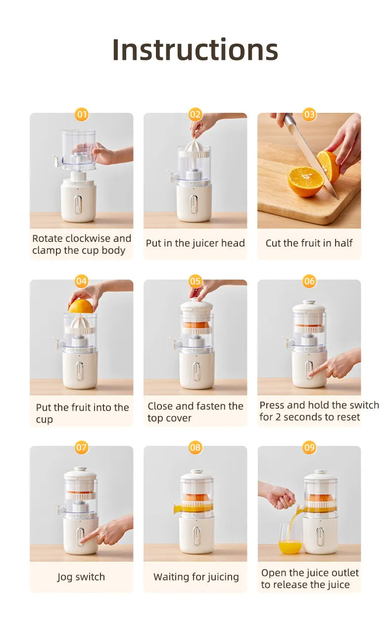 Step-by-step instructions for using a manual juicer with images and text.