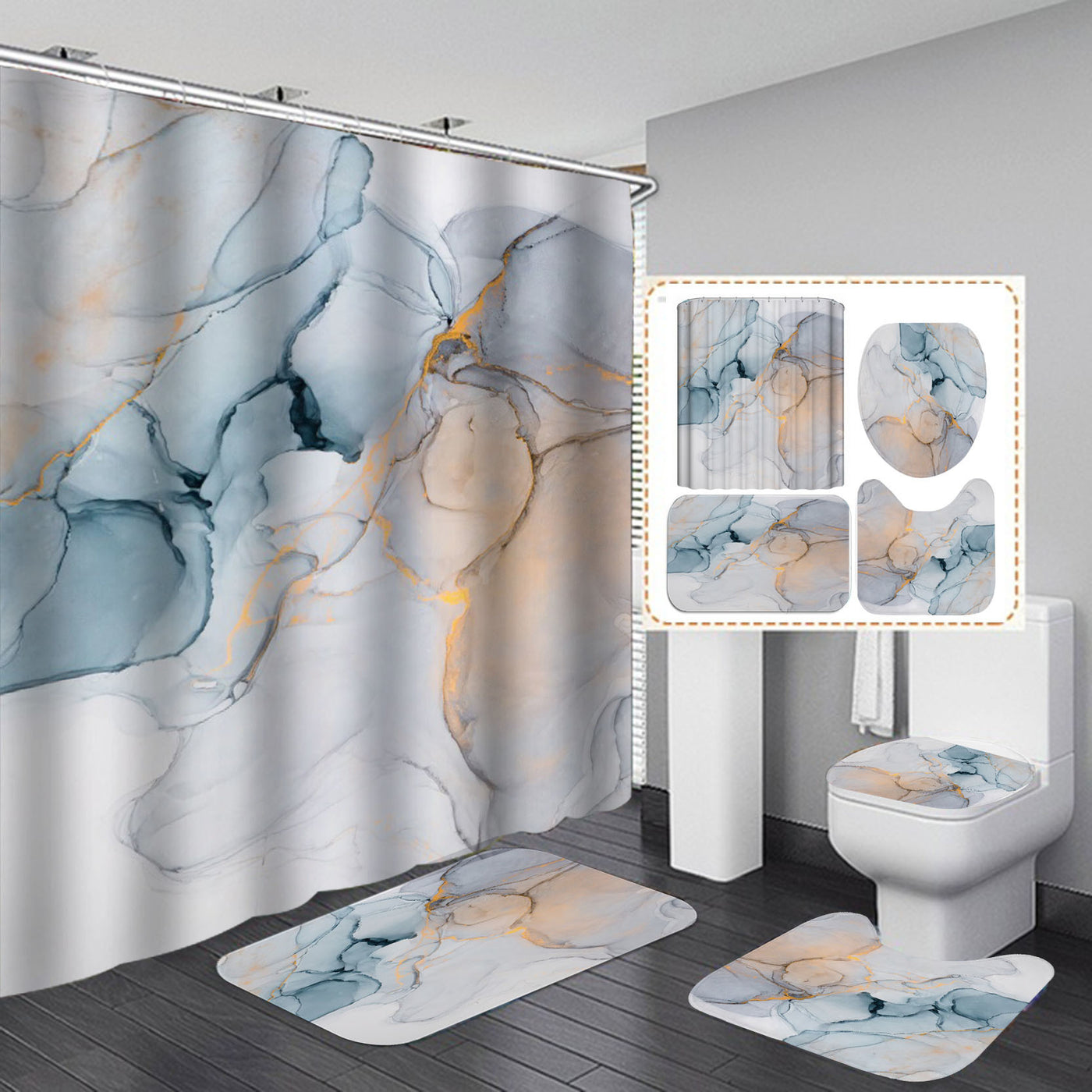 Beautiful 3D bathroom curtain with coordinated anti-slip mat and soft carpet for water absorption