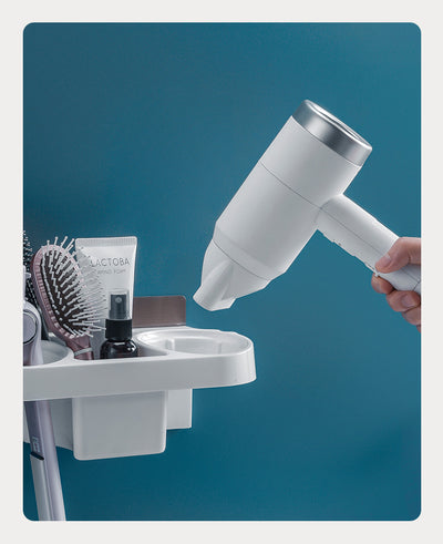 Hands-free hair dryer holder with storage box and curling iron shelf, perfect for bathroom organization
