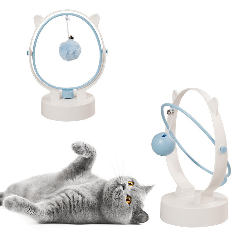 Home pet entertainment device featuring a hanging ball to engage curious cats