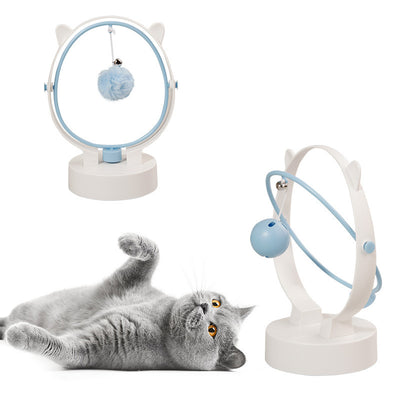 Home pet entertainment device featuring a hanging ball to engage curious cats