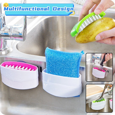 Multifunctional kitchen sink organizer with cleaning tools and sponge, featuring a potato being washed.