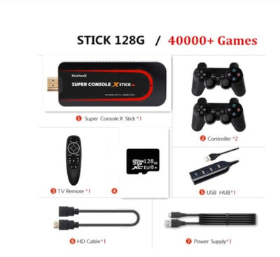 Modern retro game console with dual operating systems and wireless controllers